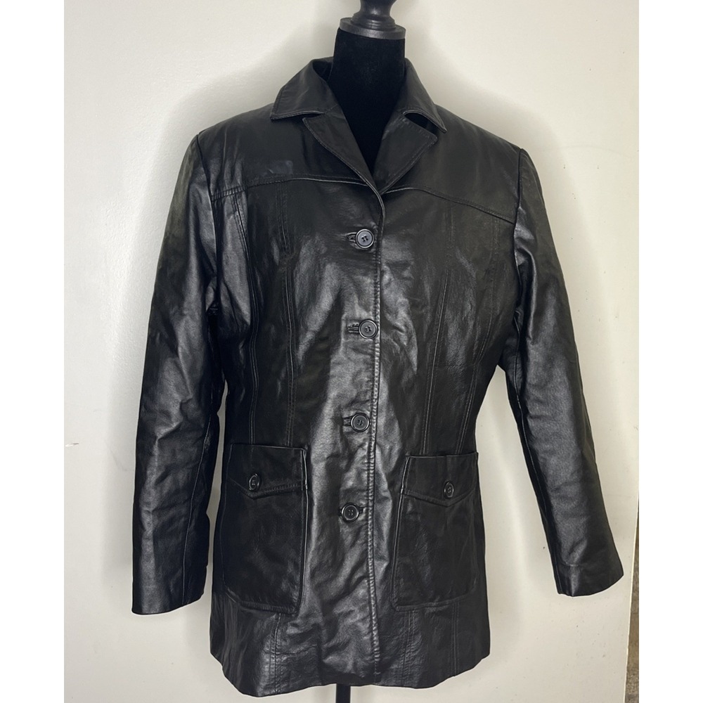 Monroe & Main Black Leather Car Coat Jacket Women's XL Mid-Length Button Front